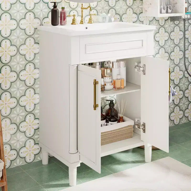 Mobile bagno da 24" con lavabo in ceramica, stile shaker, 2 ante con chiusura ammortizzata, verde/bianco, singolo