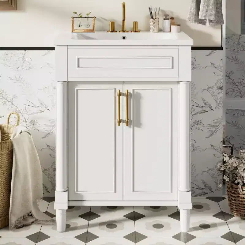Mobile bagno da 24" con lavabo in ceramica, stile shaker, 2 ante con chiusura ammortizzata, verde/bianco, singolo