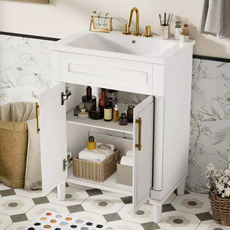 Mobile bagno da 24" con lavabo in ceramica, stile shaker, 2 ante con chiusura ammortizzata, verde/bianco, singolo