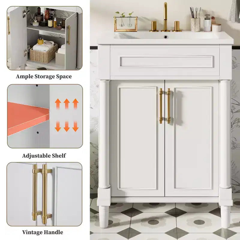 Mobile bagno da 24" con lavabo in ceramica, stile shaker, 2 ante con chiusura ammortizzata, verde/bianco, singolo