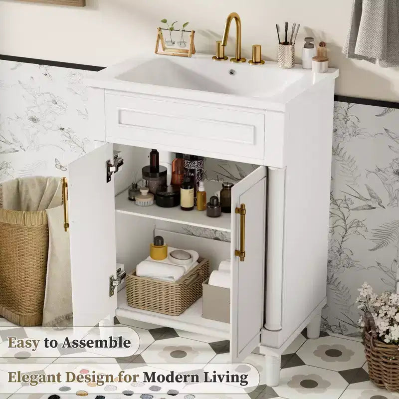 Mobile bagno da 24" con lavabo in ceramica, stile shaker, 2 ante con chiusura ammortizzata, verde/bianco, singolo
