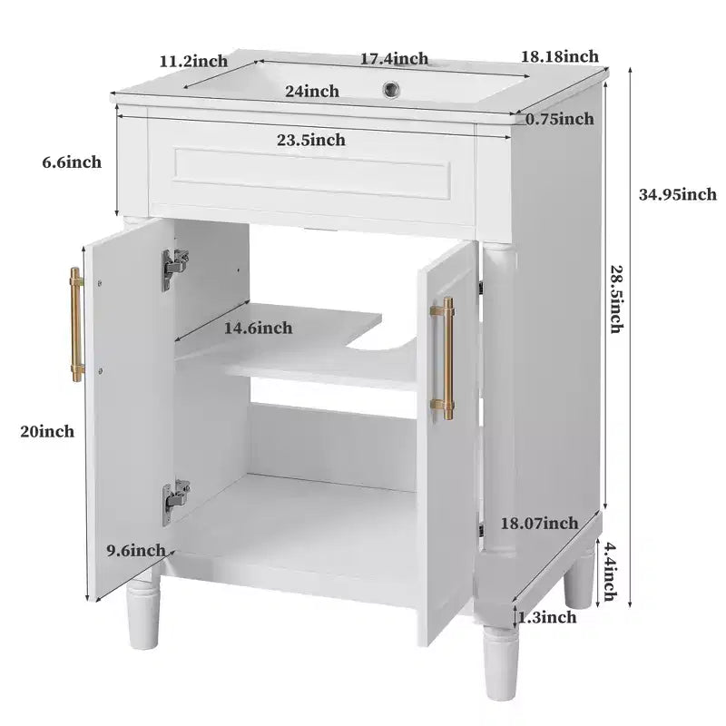 Mobile bagno da 24" con lavabo in ceramica, stile shaker, 2 ante con chiusura ammortizzata, verde/bianco, singolo