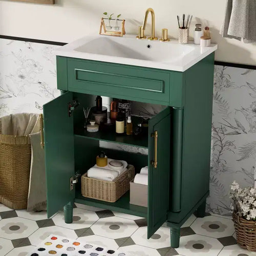 Mobile bagno da 24" con lavabo in ceramica, stile shaker, 2 ante con chiusura ammortizzata, verde/bianco, singolo
