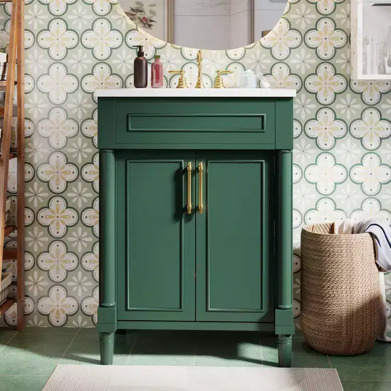 Mobile bagno da 24" con lavabo in ceramica, stile shaker, 2 ante con chiusura ammortizzata, verde/bianco, singolo