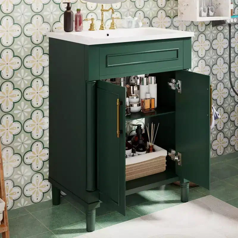 Mobile bagno da 24" con lavabo in ceramica, stile shaker, 2 ante con chiusura ammortizzata, verde/bianco, singolo