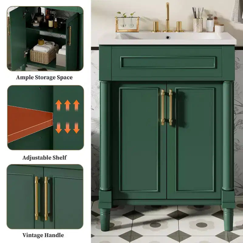 Mobile bagno da 24" con lavabo in ceramica, stile shaker, 2 ante con chiusura ammortizzata, verde/bianco, singolo