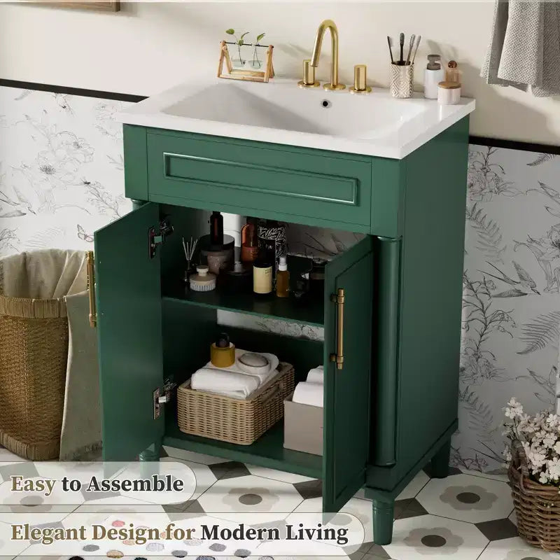 Mobile bagno da 24" con lavabo in ceramica, stile shaker, 2 ante con chiusura ammortizzata, verde/bianco, singolo