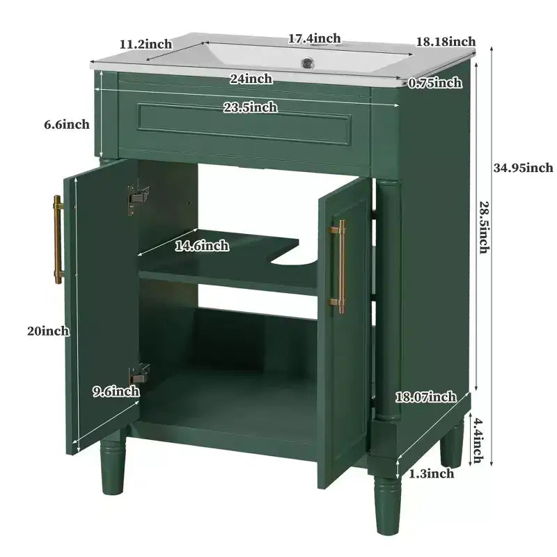 Mobile bagno da 24" con lavabo in ceramica, stile shaker, 2 ante con chiusura ammortizzata, verde/bianco, singolo