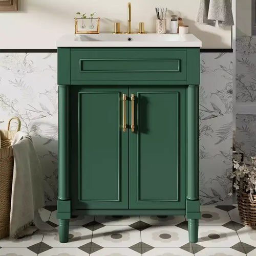 24 Bathroom Vanity with Ceramic Sink, Shaker Cabinet, 2 Soft-Close Doors, Solid Wood Frame for Small Bathroom or Powder Room