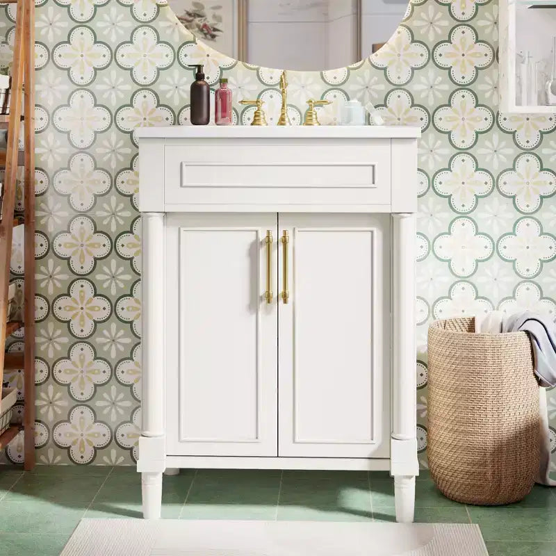 Mobile bagno da 24" con lavabo in ceramica, stile shaker, 2 ante con chiusura ammortizzata, verde/bianco, singolo