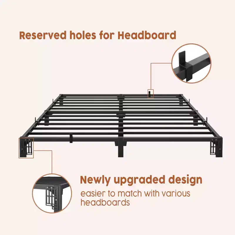 Struttura letto matrimoniale King in metallo nero, piattaforma a basso profilo, per 1-2 adulti