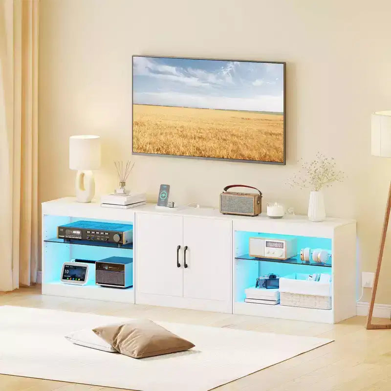 Mobile TV nero/bianco con luci LED e prese elettriche, adatto a TV fino a 85"