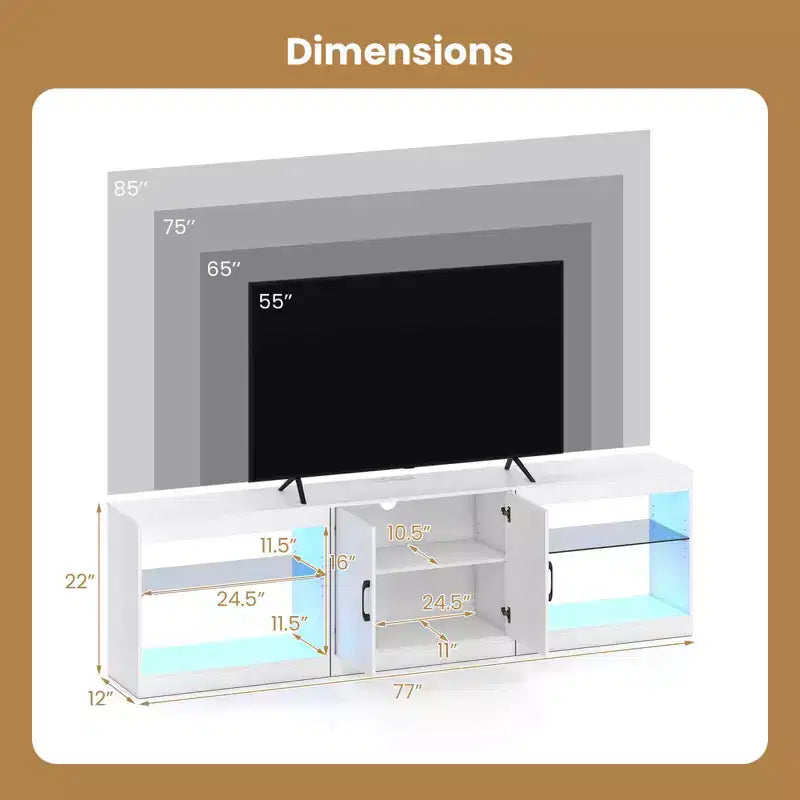 Mobile TV nero/bianco con luci LED e prese elettriche, adatto a TV fino a 85"