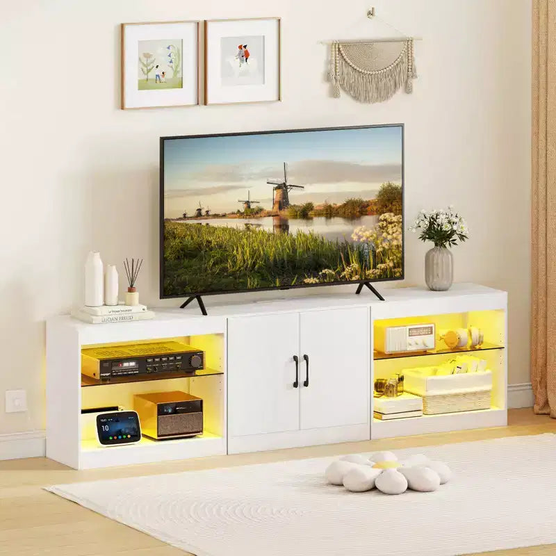 Mobile TV nero/bianco con luci LED e prese elettriche, adatto a TV fino a 85"
