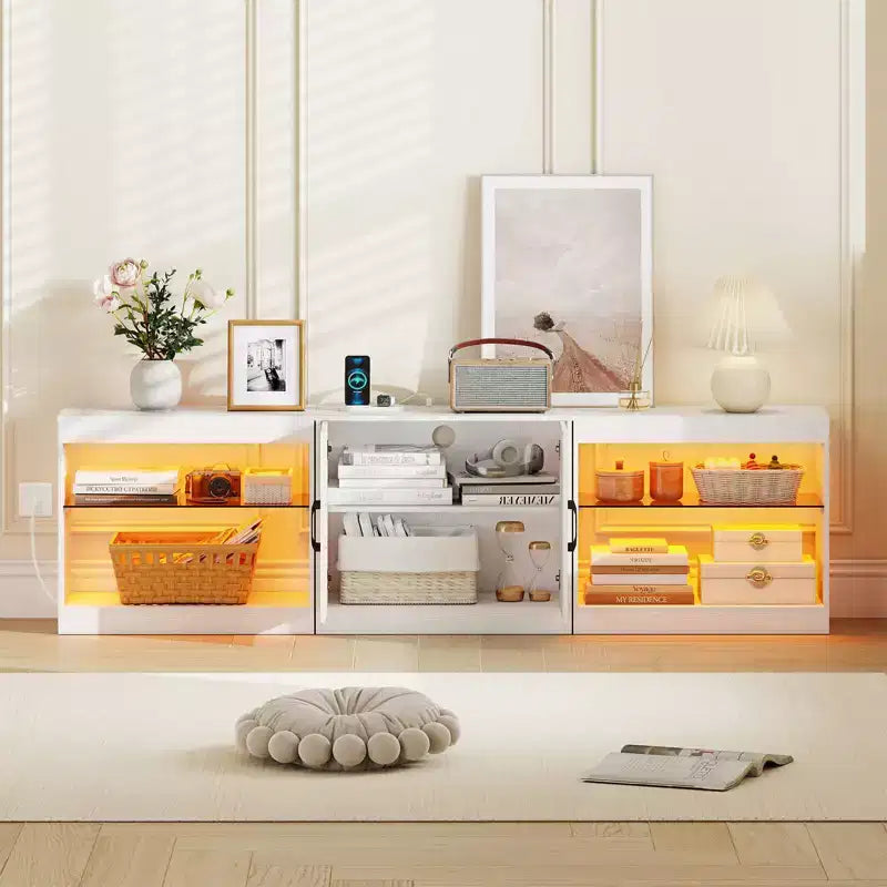 Mobile TV nero/bianco con luci LED e prese elettriche, adatto a TV fino a 85"