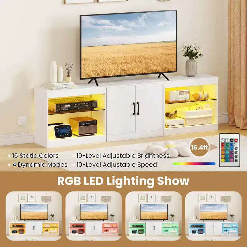 Mobile TV nero/bianco con luci LED e prese elettriche, adatto a TV fino a 85"