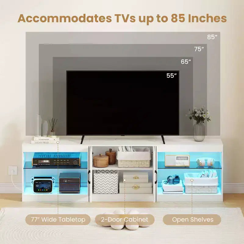 Mobile TV nero/bianco con luci LED e prese elettriche, adatto a TV fino a 85"