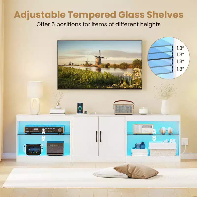Mobile TV nero/bianco con luci LED e prese elettriche, adatto a TV fino a 85"