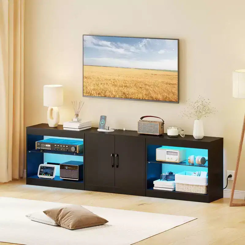 Mobile TV nero/bianco con luci LED e prese elettriche, adatto a TV fino a 85"