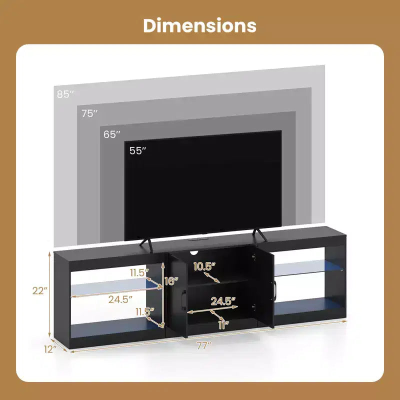 Mobile TV nero/bianco con luci LED e prese elettriche, adatto a TV fino a 85"