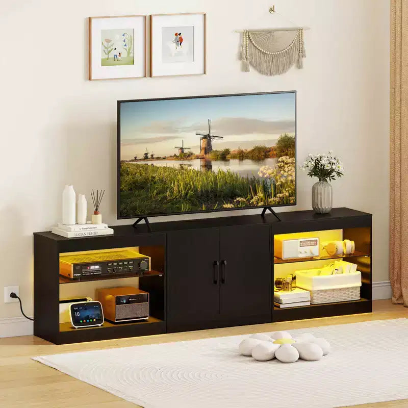 Mobile TV nero/bianco con luci LED e prese elettriche, adatto a TV fino a 85"