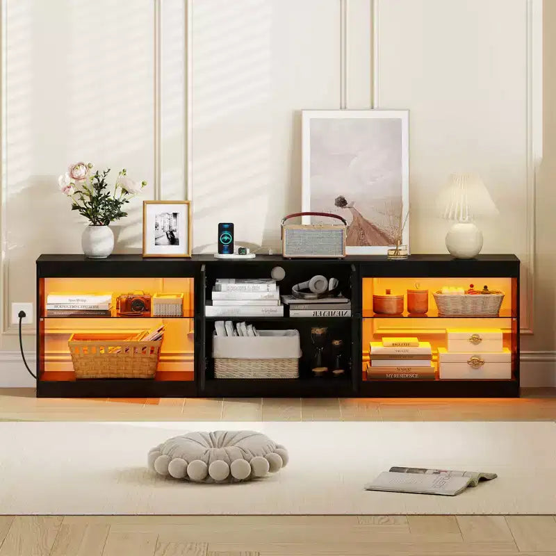 Mobile TV nero/bianco con luci LED e prese elettriche, adatto a TV fino a 85"