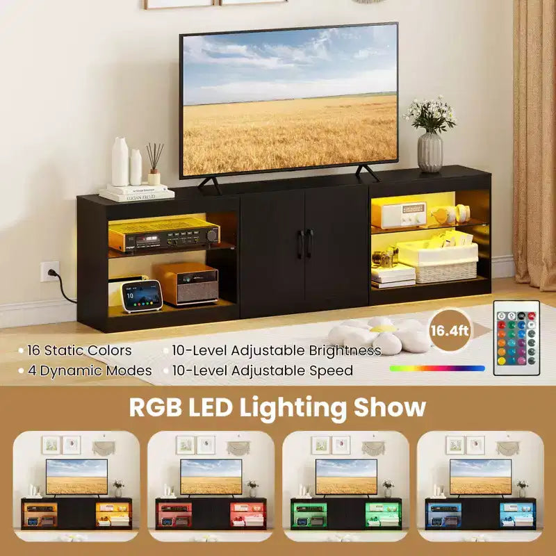 Mobile TV nero/bianco con luci LED e prese elettriche, adatto a TV fino a 85"