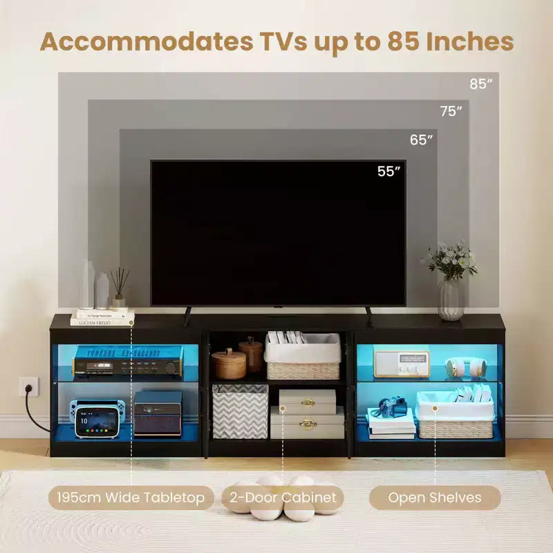 Mobile TV nero/bianco con luci LED e prese elettriche, adatto a TV fino a 85"
