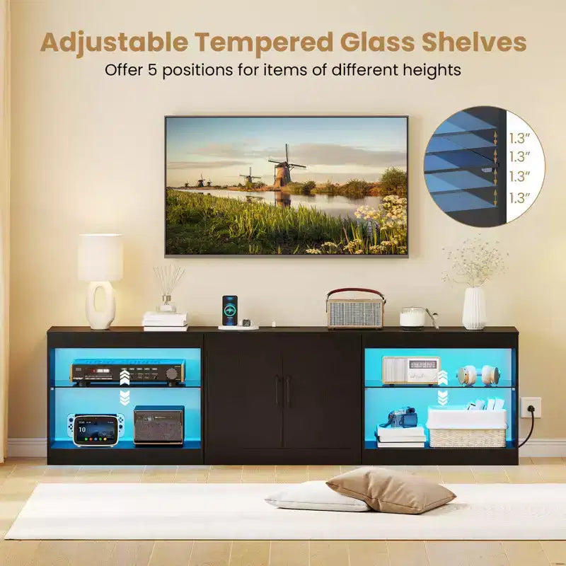 Mobile TV nero/bianco con luci LED e prese elettriche, adatto a TV fino a 85"