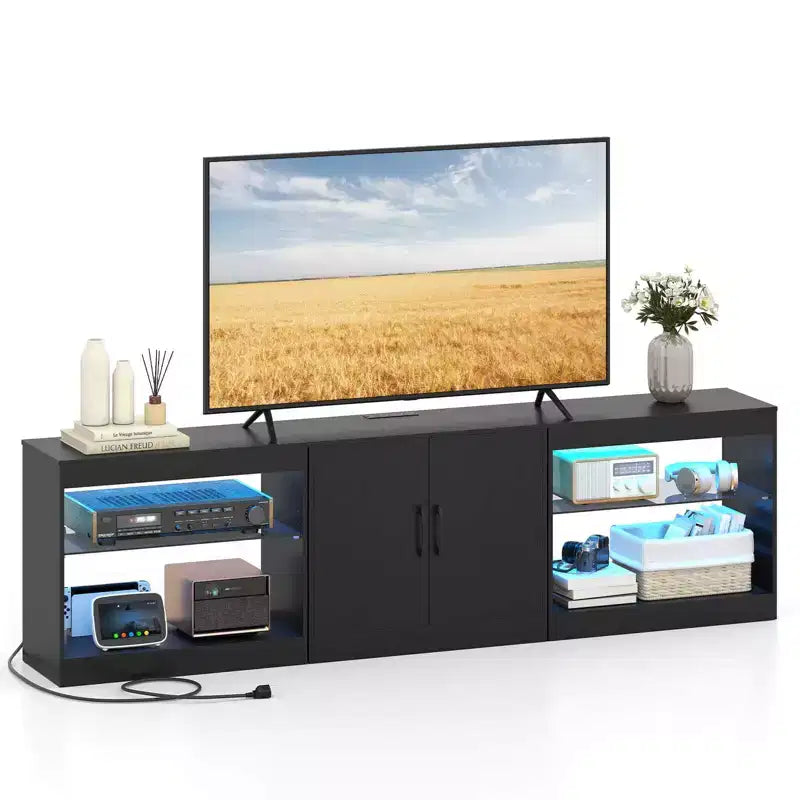 Costway TV Stand with Power Outlets Adjustable LED Lights Storage Cabinet for TVs up to 85 Black/White
