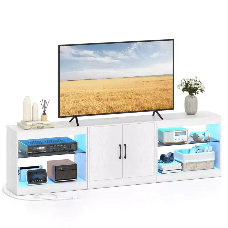Mobile TV nero/bianco con luci LED e prese elettriche, adatto a TV fino a 85"