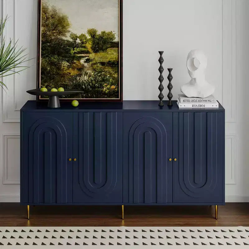 Madia Credenza a 4 Ante Nera / Blu / Grigia con Gambe in Metallo, Singola