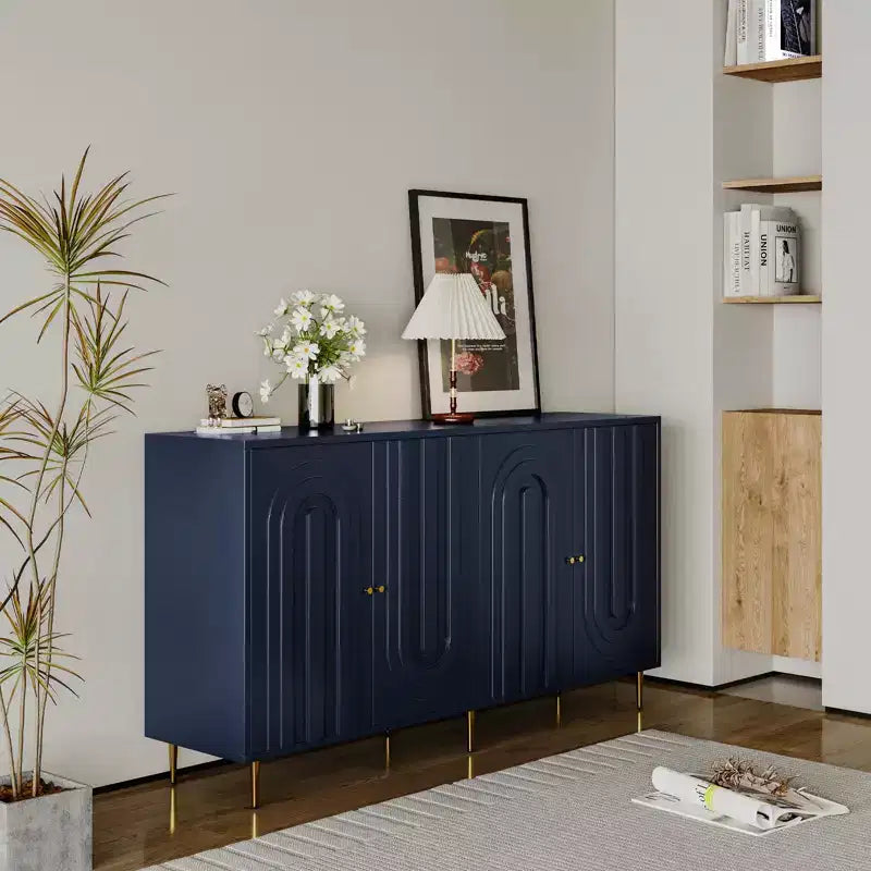 Madia Credenza a 4 Ante Nera / Blu / Grigia con Gambe in Metallo, Singola