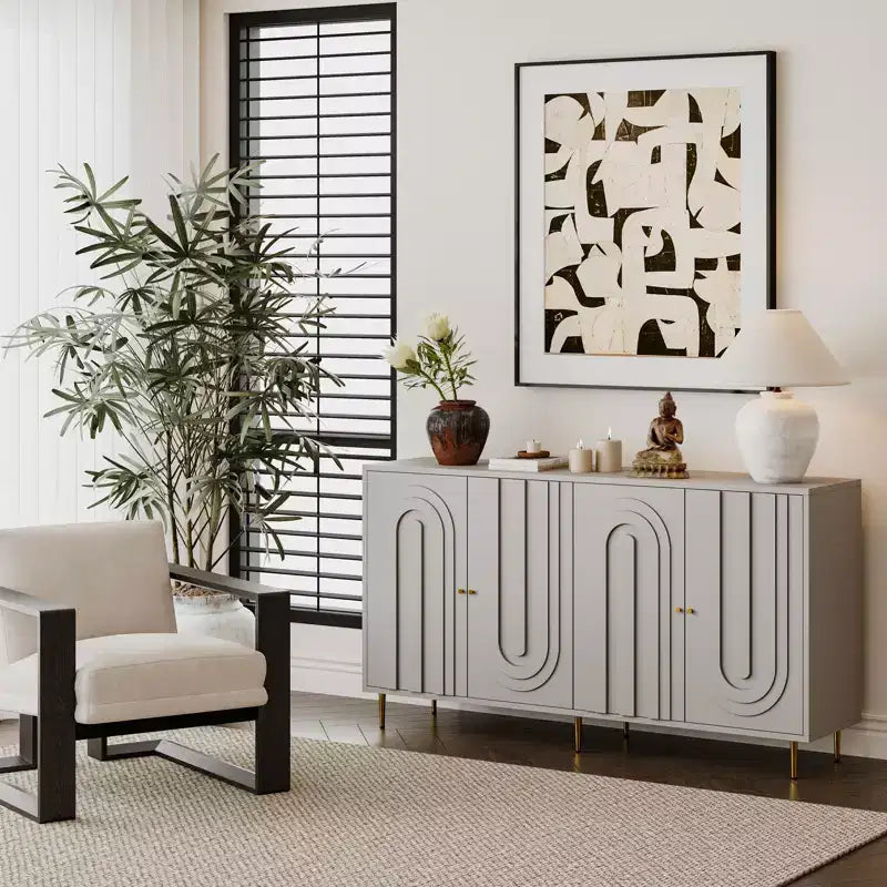 Madia Credenza a 4 Ante Nera / Blu / Grigia con Gambe in Metallo, Singola