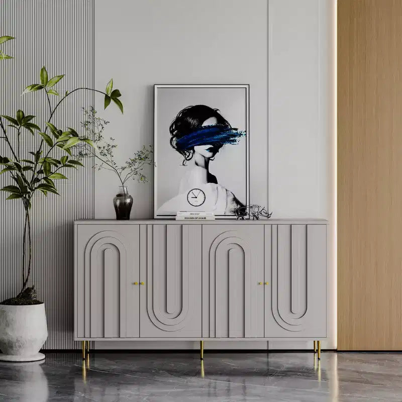 Madia Credenza a 4 Ante Nera / Blu / Grigia con Gambe in Metallo, Singola