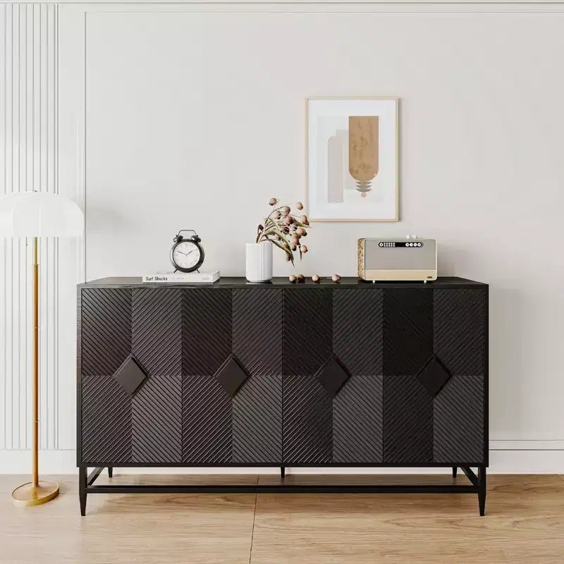 Madia Credenza a 4 Ante Nera / Blu / Grigia con Gambe in Metallo, Singola