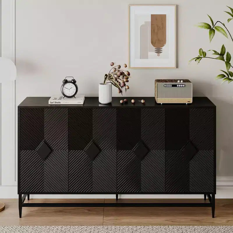 Madia Credenza a 4 Ante Nera / Blu / Grigia con Gambe in Metallo, Singola