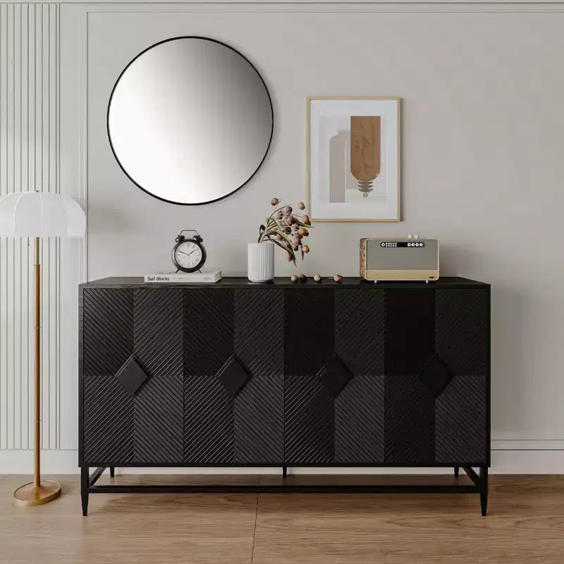 Madia Credenza a 4 Ante Nera / Blu / Grigia con Gambe in Metallo, Singola