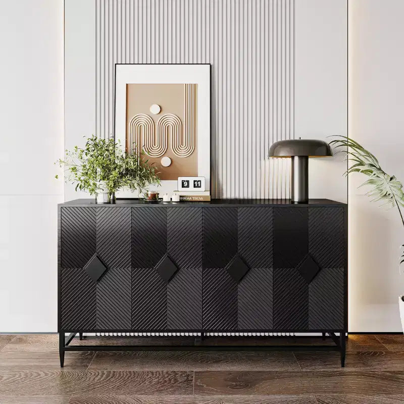 Madia Credenza a 4 Ante Nera / Blu / Grigia con Gambe in Metallo, Singola