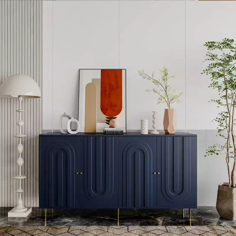 Madia Credenza a 4 Ante Nera / Blu / Grigia con Gambe in Metallo, Singola