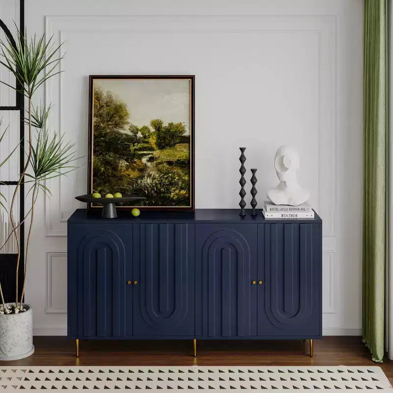 Madia Credenza a 4 Ante Nera / Blu / Grigia con Gambe in Metallo, Singola