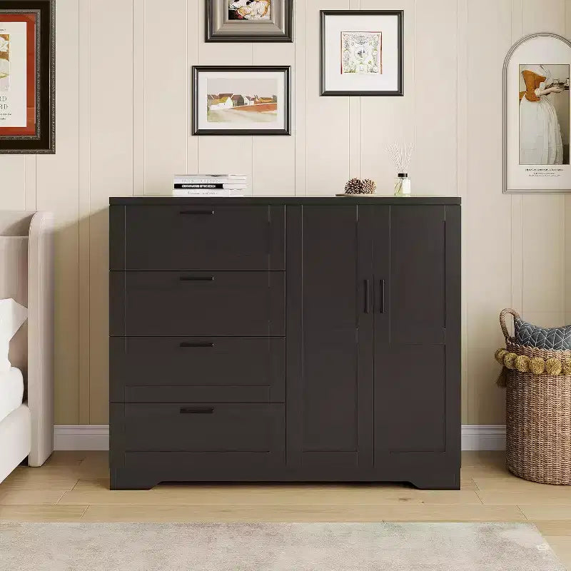 Comò portaoggetti in legno nero con 4 cassetti e asta appendiabiti