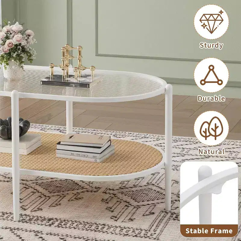 Tavolino da Caffè Ovale a 2 Livelli Bianco/Nero con Ripiano in Rattan e Piano in Vetro
