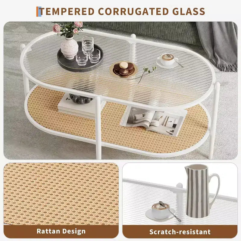 Tavolino da Caffè Ovale a 2 Livelli Bianco/Nero con Ripiano in Rattan e Piano in Vetro