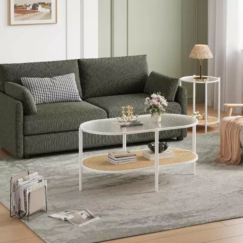 Tavolino da Caffè Ovale a 2 Livelli Bianco/Nero con Ripiano in Rattan e Piano in Vetro