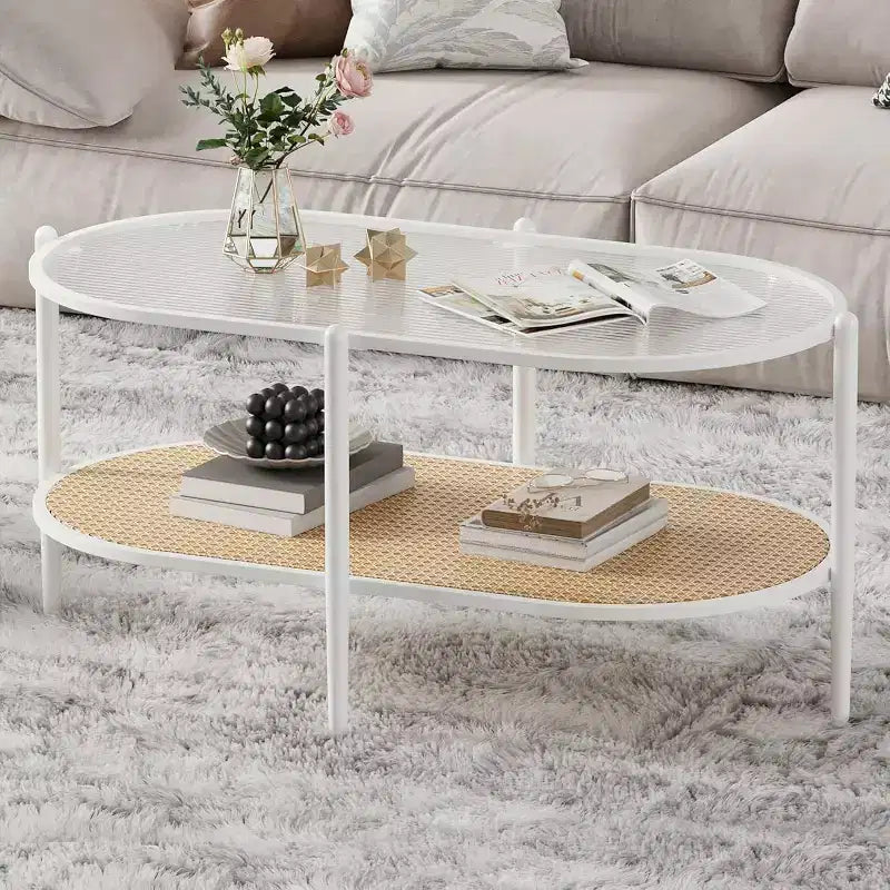Tavolino da Caffè Ovale a 2 Livelli Bianco/Nero con Ripiano in Rattan e Piano in Vetro