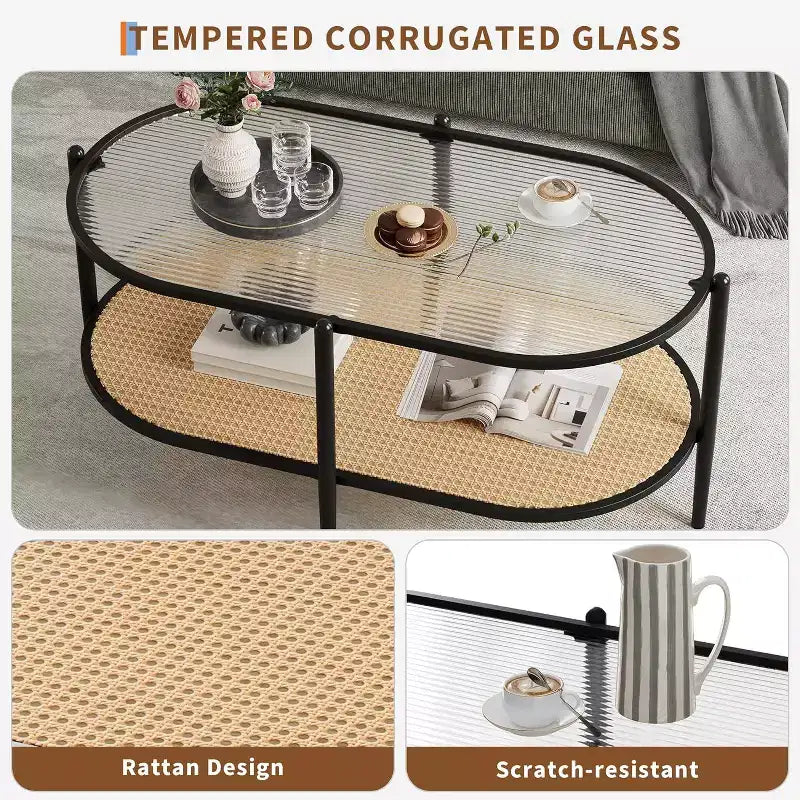 Tavolino da Caffè Ovale a 2 Livelli Bianco/Nero con Ripiano in Rattan e Piano in Vetro