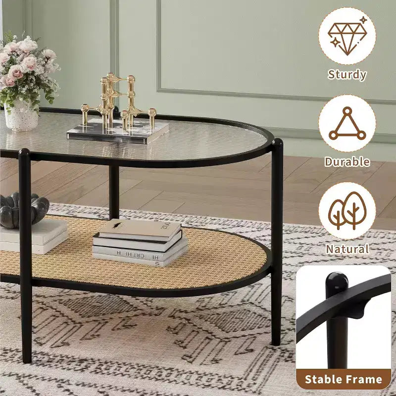 Tavolino da Caffè Ovale a 2 Livelli Bianco/Nero con Ripiano in Rattan e Piano in Vetro