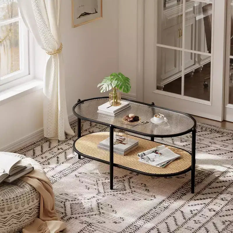 Tavolino da Caffè Ovale a 2 Livelli Bianco/Nero con Ripiano in Rattan e Piano in Vetro
