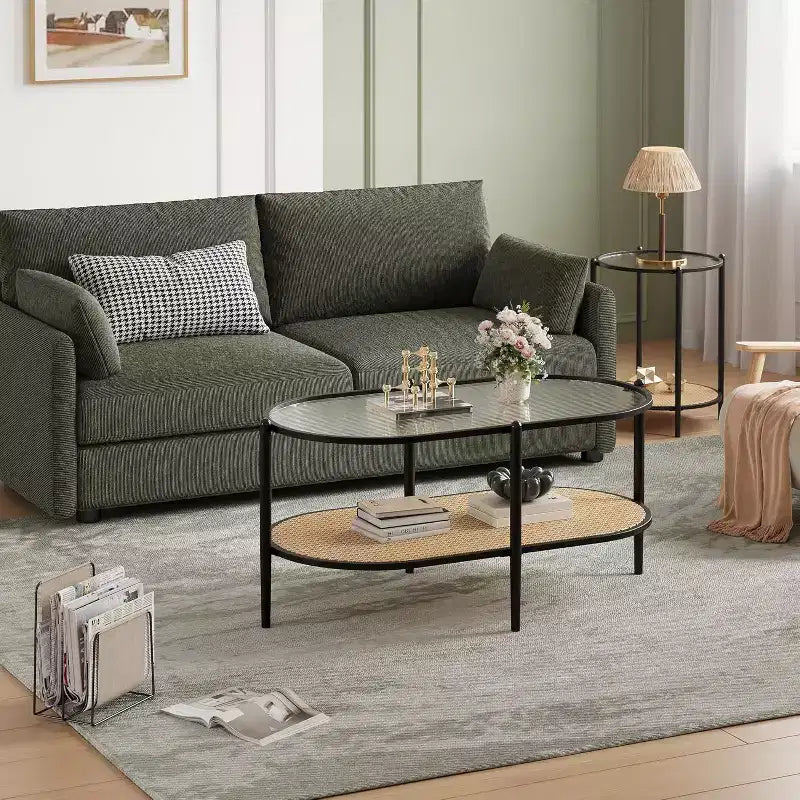 Tavolino da Caffè Ovale a 2 Livelli Bianco/Nero con Ripiano in Rattan e Piano in Vetro
